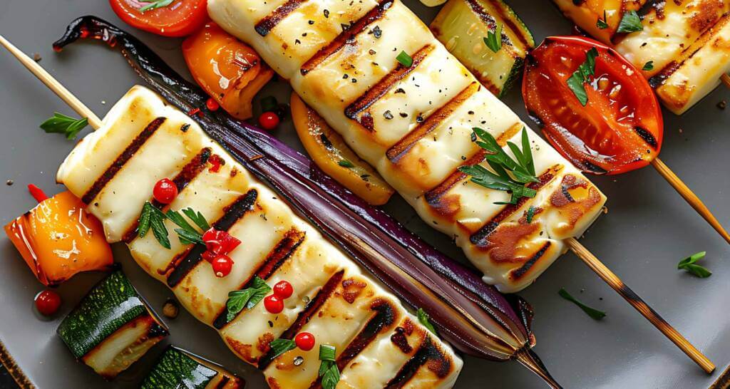 gegrillter Halloumi vegetarisch Grillen Grillspieß vegetarisch