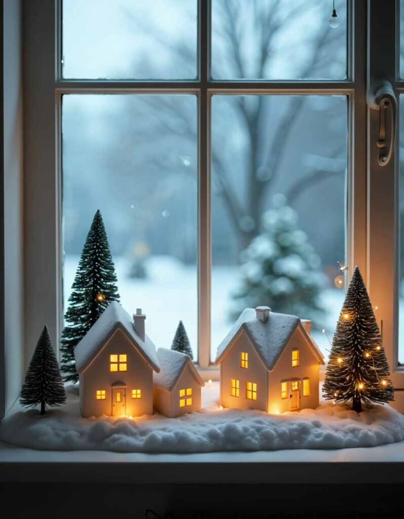 Fensterdeko für Weihnachten - 13 tolle Weihnachtsideen für Fenster und Fensterbank 17 Weihnachtsdorf mit Lichthäusern als Fensterbankdeko für Weihnachten